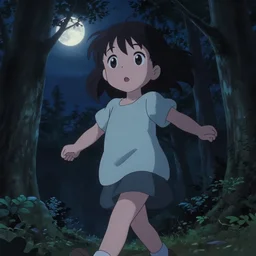 anime visual, portrait of a curious young girl walking in a forest at night, very dark, moon, cute face by ilya kuvshinov, yoh yoshinari, dynamic pose, dynamic perspective, rounded eyes, kyoani, natsume yuujinchou, smooth facial features, makoto shinkai