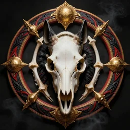 photo of skull of wolf, lying on bones, dramatic lighting, circural, golden ornaments, symmetric, intricate skeletal decorations, symmetry, highly detailed, concept art, black, red, white, gold layers, centered, style of nekroxiii, hyperrealistic, dark background, smoke