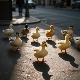 a flock of rubber ducks on the city street