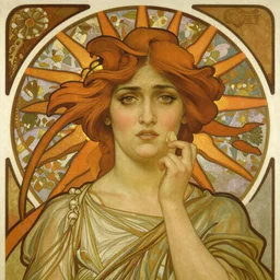 detailed portrait art nouveau painting of the goddess of the sun, backlit, who resembles Maitreyi Ramakrishnan with anxious, piercing eyes, by Alphonse Mucha, Michael Whelan, William Adolphe Bouguereau, John Williams Waterhouse, and Donato Giancola