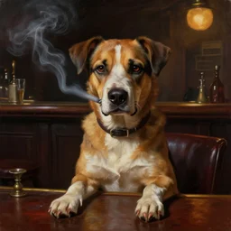 portrait of a dog smoking at an old bar, digital painting, artstation, concept art, donato giancola, Joseph Christian Leyendecker, WLOP, Boris Vallejo, Breathtaking, 8k resolution, extremely detailed, beautiful, establishing shot, artistic, hyperrealistic, octane render, cinematic lighting, dramatic lighting, masterpiece, light brazen, extremely detailed
