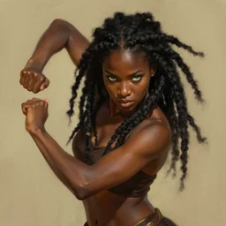 portrait of combat dancer, female, black skin, pretty, green eyes, dreadlock black hair, high fantasy, arabian nights inspired, smooth, sharp focus, high fantasy, digital painting, by artgerm and greg rutkowski and alphonse mucha