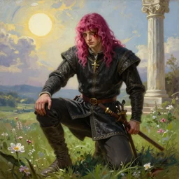 medieval noble male with magenta hair and pink bangs which partly cover his face, full body view, dramatic pose, blood on his face, photorealistic oil painting in medieval style, portrait, sun in the sky, bloom, green grassy land and white marble columns in the background