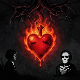 dripping heart in fire ❤🔥 with roots growing above it, sadness, dark ambiance, concept by godfrey blow and banksy, featured on deviantart, sots art, lyco art, artwork, photoillustration, poster art, black and red