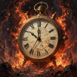 sci-fi illustration, an extreme detailed painting with detailed textures of a clock made out of quantum fire dreamscape seen in a vision, disturbing cybergothic high image quality