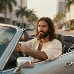 jesus christ joyriding in miami in a convertable, dslr, award winning, 8 k, octane beautifully detailed render, warm mood, 1 0 mm, cinematic lighting, detailed photo, masterpiece, volumetric lighting, ultra realistic, highly detailed, high quality, lossless, photorealistic, sharp focus, hd