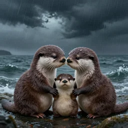 family of adorable otters falling in love holding hands side by side huddled, all hiding together in the middle of a super scary storm at sea, fantasy illustration, cinematic, award winning, romantic, detailed trending on artstation, masterpiece
