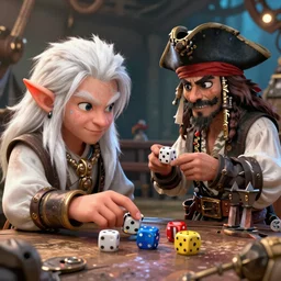 a white haired dwarf and a pirate halfling playing with dice near a creak, craig mullins, wlop, highly detailed, colorful, unreal engine, octane render, dramatic lighting, cinematic composition,