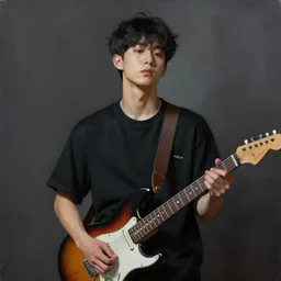 a young korean man wearing black t shirt holding an electric guitar!! dramatic lighting and smoke, matte colors, thought provoking, by conrad roset, dramatic brush painting, trending on artstation
