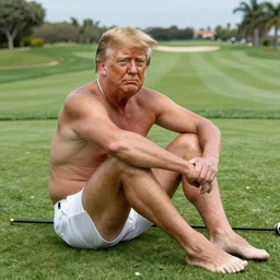 Donald Trump in a bikini sitting on a golf course by Dali