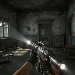 fps shooter game, famas, swat, abandoned house, video game, flashlight, hyperdetailed, artstation, cgsociety, 8 k