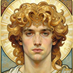 realistic detailed face portrait of the god apollo with a radiant halo and curly golden hair by alphonse mucha, ayami kojima, amano, greg hildebrandt, and mark brooks, male, masculine, art nouveau, neo - gothic, gothic, character concept design