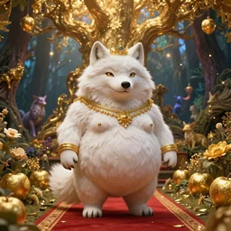 wolf deity, fat figure, cute, elegant, furry, white, gold, warm, wearing a crown, bracelets and necklaces, red carpet, figure, realistic, hair detailing, background is heavenly, wonderland at night, the light in the deep forest full of mythical creatures of the picture, according to european art, golden sacred tree, golden apple, flower garden, hyper realistic render. den noise. volumetric lighting. dynamitc lighting. unreal engine. octane. hyper cinematic lighting