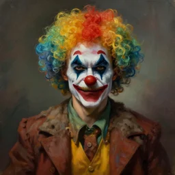 oil matte portrait, mustache man in rags with clown wig and nose, evil expression. digital painting, fantasy, concept art, cinematic colors, realistic shaded. by ilya kuvshinov, magali villeneuve, artgerm, greg rutkowski