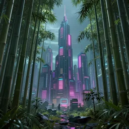 Cyberpunk city in a bamboo forest, neon, moody, Digital art, HD, unreal engine, artstation trending, highly detailed