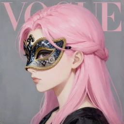 anime mage vogue, intricate oil painting by greg rutkowski, trending on artstation, side profile, masquerade, pink hair