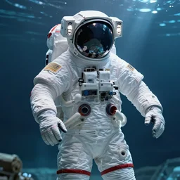 astronauts suits in the empty underwater void - complex and hyperdetailed technical suit. reflection and dispersion materials. rays and dispersion of light. volumetric light. f / 3 2. noise film photo. flash photography. ultra realistic, wide angle. anaglyph materials, poster by wayne barlowe, mike winkelmann, craig mullins. holographic poster