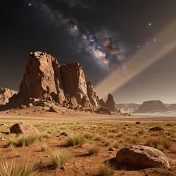 fantastic space landscape view from surface of planet. martian surface of planet, fantasy sharp rocks and mountains. magical starry sky, stars of the planet and galaxies in sky, cinematic view, epic sky, detailed, concept art, low angle, high detail, warm lighting, volumetric, godrays, vivid, beautiful, trending on artstation, by jordan grimmer, huge scene, grass,