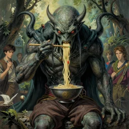 cthulhu eating noodles, jodhpurs greg manchess painting by sargent and leyendecker, studio ghibli, fantasy close - up shot asymmetrical intricate elegant illustration hearthstone by greg rutkowski by greg tocchini by james gilleard