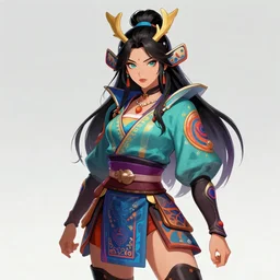 a psychedelic goddess samurai mascot character posing for a picture, digital illustration, masterpiece by takeshi obata and yoji shinkawa and frank frazetta and kentaro miura and salvador dali and mœbius, stylized yet realistic faces and anatomy, advanced lighting technology, beautiful, gorgeous brush strokes