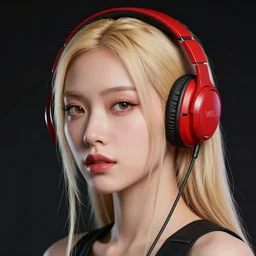 portrait of a blonde cyberpunk woman wearing red headphones, head and shoulders, digital art, by artgerm, by wlop, trending on artstationhq