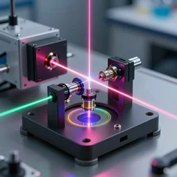 complex optical mounting in science lab with laser beams, lenses, fixtures, spectrum colors, reflections, descent high quality octane rendering, 8K
