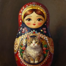 matryoshka holding a cat portrait, atmospheric lighting, painted, intricate, volumetric lighting, beautiful, rich deep colors masterpiece, golden hour, sharp focus, ultra detailed, by Leesha Hannigan, Ross Tran, Thierry Doizon, Kai Carpenter,Ignacio Fernández Ríos