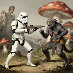 Stoned steampunk stormtrooper shoot at drunk mad mushroom-werewolf by Gustave Doré, Greg Rutkowski, Zdzisław Beksiński
