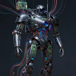 dark hyper detailed suspended robot fighter pilot wearing shiny parts body made from circuits connected to the mother board with glowing wires and colored fibers and electronic components masterpiece pattern jean giraud digital art painting beautiful _ psychedelic _ acid artgerm dona to giancola tom bagshaw