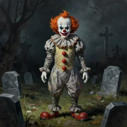 realistic painting of it clown in a graveyard