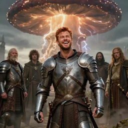 ( ( ( laughing ) ) ) ( ( ( ( copper haired chris hemsworth ) ) ) ) as destruction from sandman looking like kristofer hivju!!, medival armour!!, by jeremy mann, by frank moth, jeff easley, alphonse mucha, dave mckean, mushroom cloud, soft lightning, high detailed, 8 k