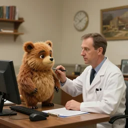 doctor inspecting a furby in his office, painting by grant wood and wayne barlow, 3 d rendering by beeple,