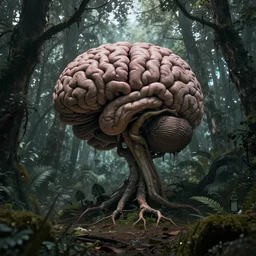a weird magical forest with a giant human brain growing at the center. Highly detailed. 8k. Fantasy horror.