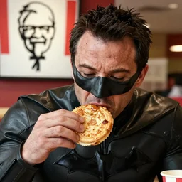 A photo of Ben Affleck's Batman eating at KFC. Extremely detailed. 4K. Award-winning