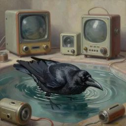 a raven drowning in 8 0 s era technology, vintage shapes, retro technology, soft color, wayne barlow, oil on canvas, deep depth of field, masterpiece, cinematic composition, hyperdetailed