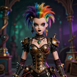 photorealistic portrait of a curiosities carnival, single doll punk in a full steampunk corset, cyberpunk dyed haircut, looking at camera, symmetry accurate features, focus, rainbow lighting, very intricate details, award winning masterpiece, by tom bagshaw, world of lovecraft background