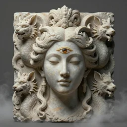 a sculpture of mythical creatures, elegant and beautiful female face with her third eye open, carved in a stone alter, intricate, elegant, highly detailed, digital painting by audrey kawasaki, artstation, concept art, ambient occlusion, smoke, foggy vray render,