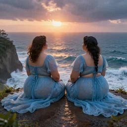 a stunning 3 d rendered landscape of two thicc and voluptuous women in gossamer blue dresses sitting on a cliff facing away from the camera in the rain watching the sunrise over the ocean, turbulent ocean in the background, intricate, elegant, highly detailed, artstation, ultra sharp focus, octane render, volumetric lighting, god rays, art by jugendstil and alphonse mucha