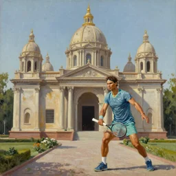 the ancient temple with the image of Rafael Nadal, oil on canvas