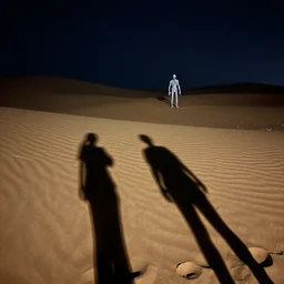 photograph of the desert at night with creepy humanoid figures in the distance, dunes in foreground with elongated shadows, night photography, dslr, 4 k
