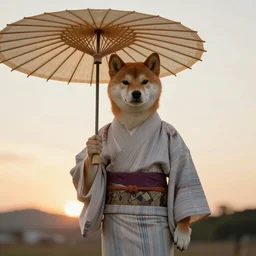 shiba inu wearing yukata holding umbrella in the sunset, male, fursona, anthro, traditional japanese clothing, delicate, historical photograph