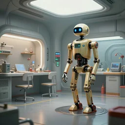 concept art, retro - futurist droid repair workshop, soft lighting, soft reflections, octane render, curves, syd mead, akihiko yoshida, cinematic