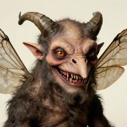 close up portrait of an overdressed mutant monster creature with snout, horns, insect wings, unibrow, piercing eyes, toxic smile. jan van eyck, audubon