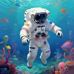 a digital painting of an astronaut!!!!!! floating in a bright colorful alien ocean surrounded by alien fish, sharp focus, retro futuristic by beeple, wayne barlowe, roger dean and ernst haeckel