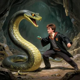 harry is fighting a large snake in a cave, harry potter and the chamber of secrets ( 1 9 9 8 ) book cover design, by van gogh, book title visible