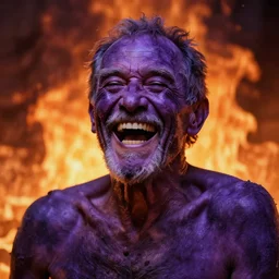 portrait painting of a laughing old burned purple man, laughing out loud, background is flames unreal render cinematic lighting art by bussiere rutkowski andreas rocha