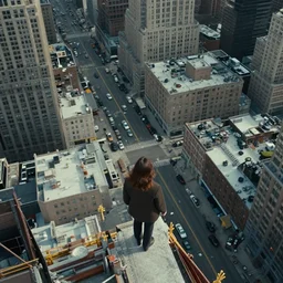 film still of a woman standing on the edge of a high construction site in new york, aerial view, looking down, third person view, intricate, high altitude, streets with cars, rooftops, cinestill d 5 0, epic lighting, cinematic compostion, deep focus, hyperrealistic, 8 k