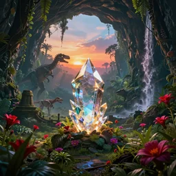 a glowing crystal tetrahedron!!! in the middle of ancient ruins in a lush prehistoric jungle, inside a humongous cave, red and magenta flowers, sunset, godrays, dinosaur fossils, orange and blue sky, haze, vines, waterfall volumetric lighting, digital render, photorealistic, unreal engine 5, ultra detail, trending on artstation