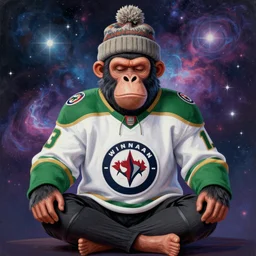 a beautiful painting of a cartoon ape in a winnipeg jets hockey jersey and wool hat, meditating with the cosmos in the background, trending on artstation, nft art, digital art