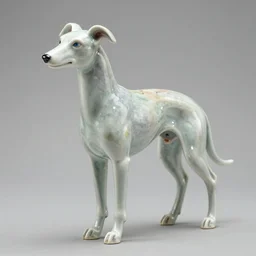 porcelain whippet sculpture, pastel colors, depth of field, 8 k, hyper detailed, intricate